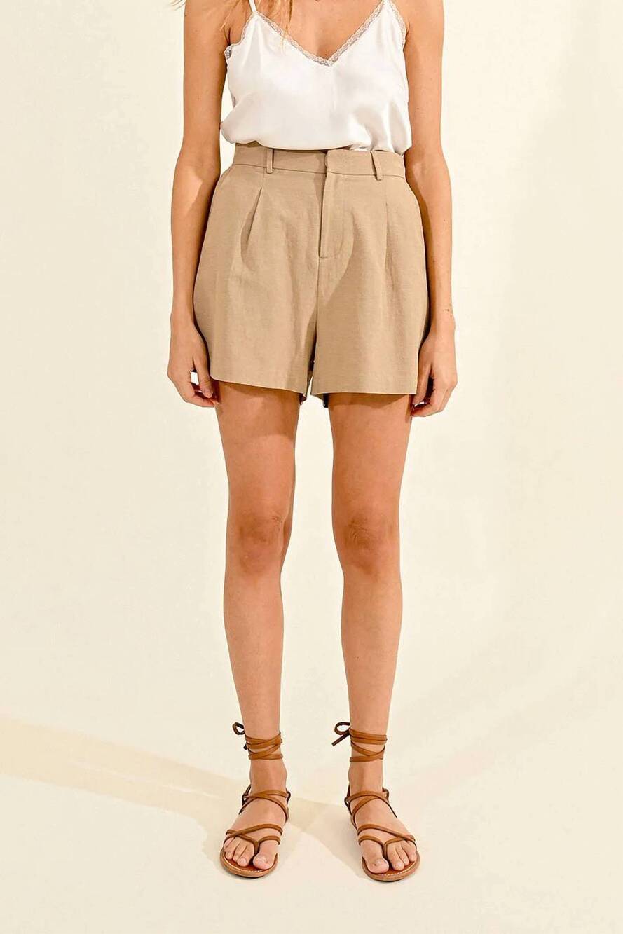 NEW MOLLY BRACKEN high waist linen shorts in light khaki